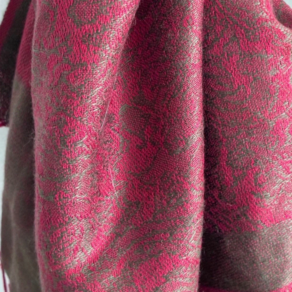 Italian Renaissance Jewel Tones Pashmina Scarf Shawl Fringe Trim Burgundy Brown